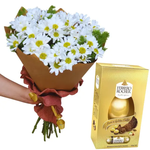 Ramo de margaritas blancas con huevo de pascua rocher box